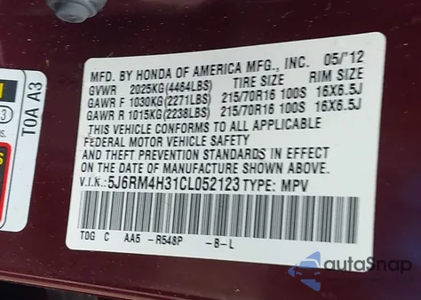 2012 Honda Cr-V Lx из США, поврежденный, VIN 5J6RM4H31CL052123